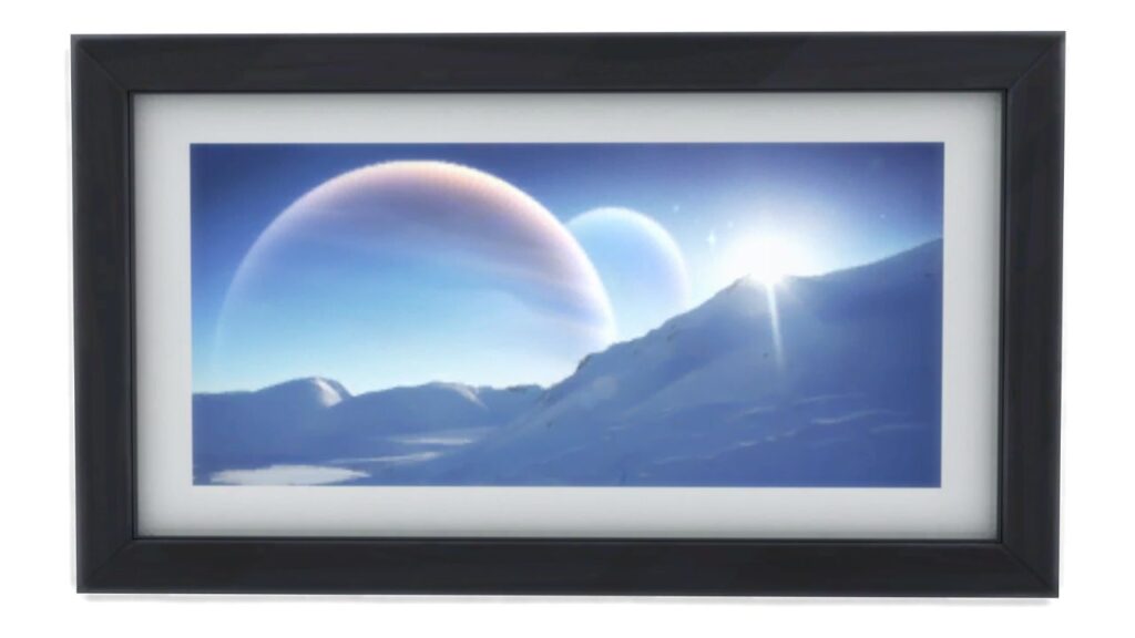A screenshot from The Sims 4 showing a black frame with a print of a the moon in the horizon on a planet