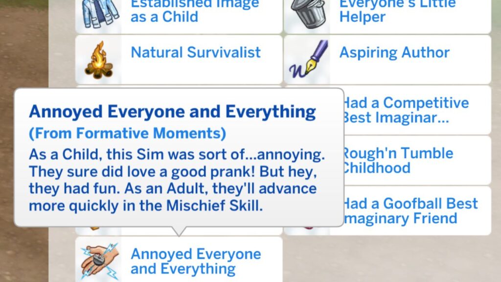 A screenshot from The Sims 4 showing the annoyed everyone and everything formative moment trait