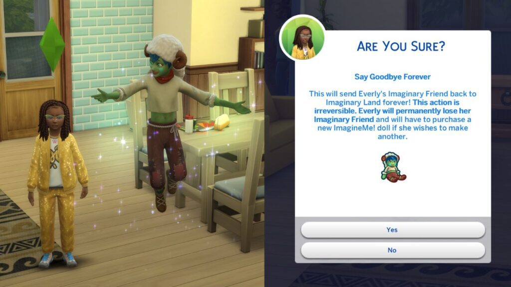 A screenshot from The Sims 4 showing an imaginary friend getting ready to leave forever and the action card you get when you try to do this 