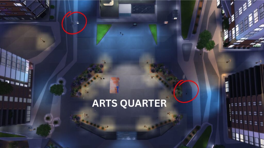 A screenshot from The Sims 4 showing where you can find electric boxes in the arts quarter