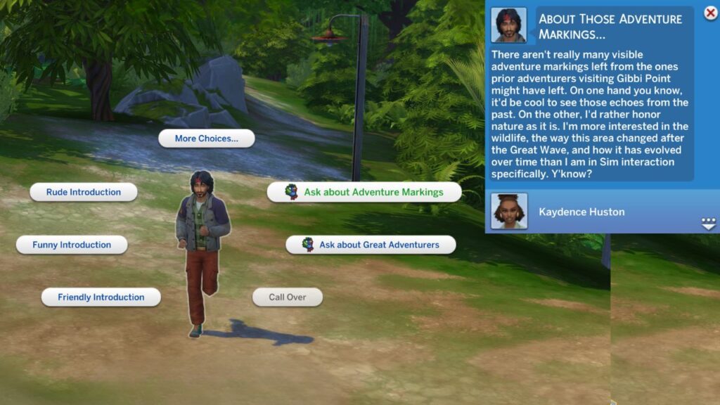 A screenshot from The Sims 4 showing  how to ask a sim about adventure markings 