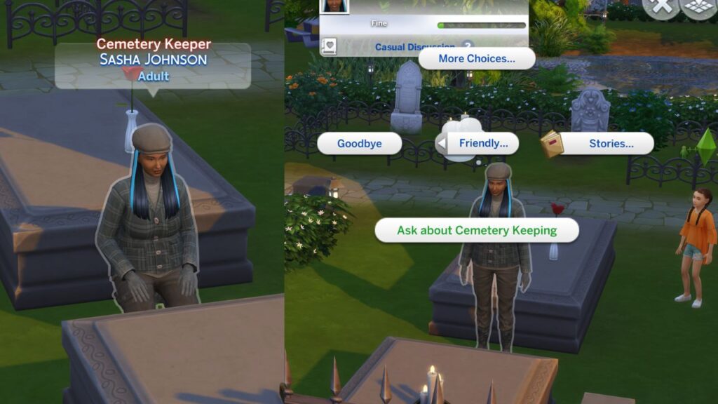 A screenshot from The Sims 4 showing the cemetery keeper and how to ask about cemetery keeping