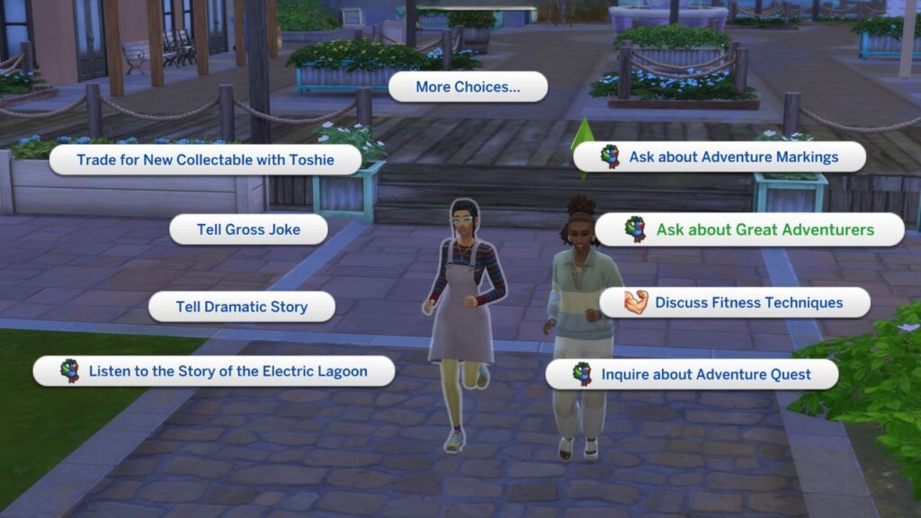 A screenshot from The Sims 4 showing  the social interaction Ask About Great Adventurers 
