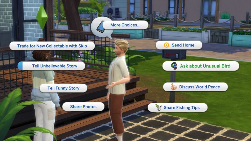 A screenshot from The Sims 4 showing the social interaction "ask about unusual bird" for the peculiar Plumbird quest 