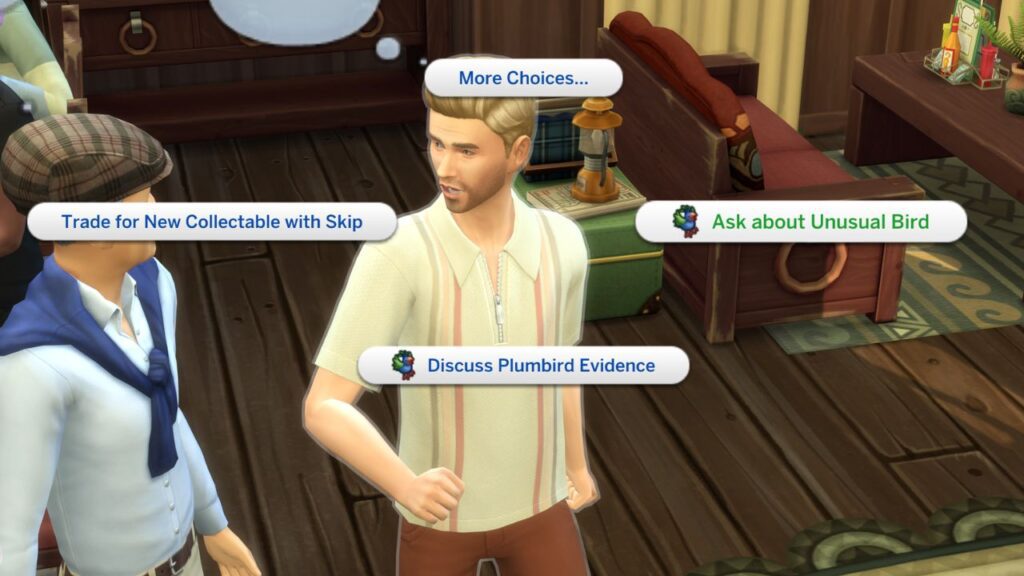A screenshot from The Sims 4 showing the interact to ask about unusual bird with Gibbi Point locals 