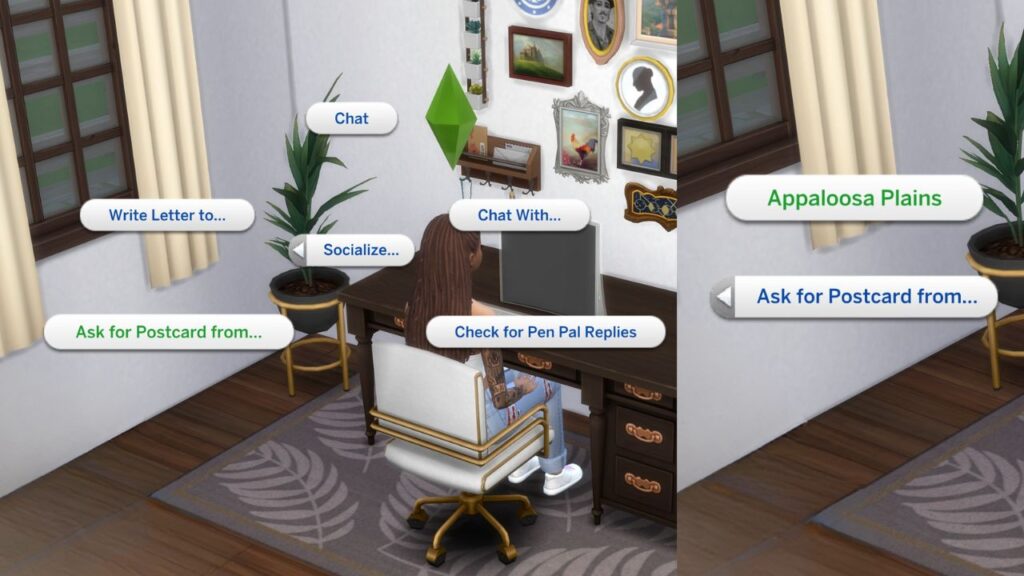 A screenshot from The Sims 4 showing how to ask for a postcard from your pen pal