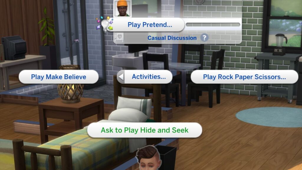 A screenshot from The Sims 4 showing the interaction to ask to play hide and seek 