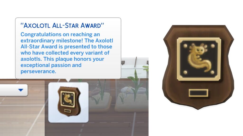 A screenshot from The Sims 4 showing the Axolotl All-Star Award plaque 