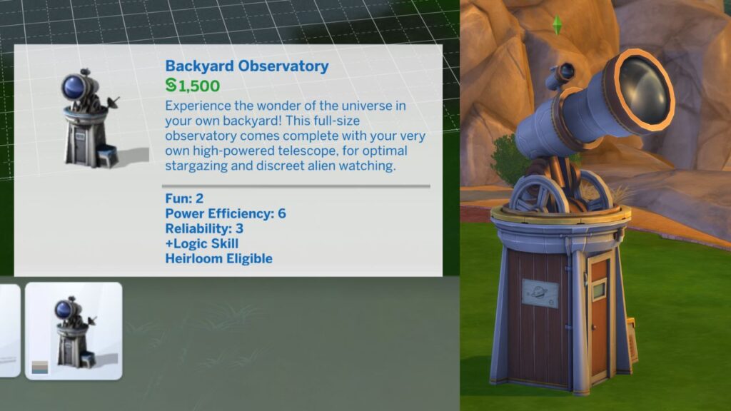 A screenshot from The Sims 4 showing the Backyard Observatory object in the build catalog and it sitting in grass beside it
