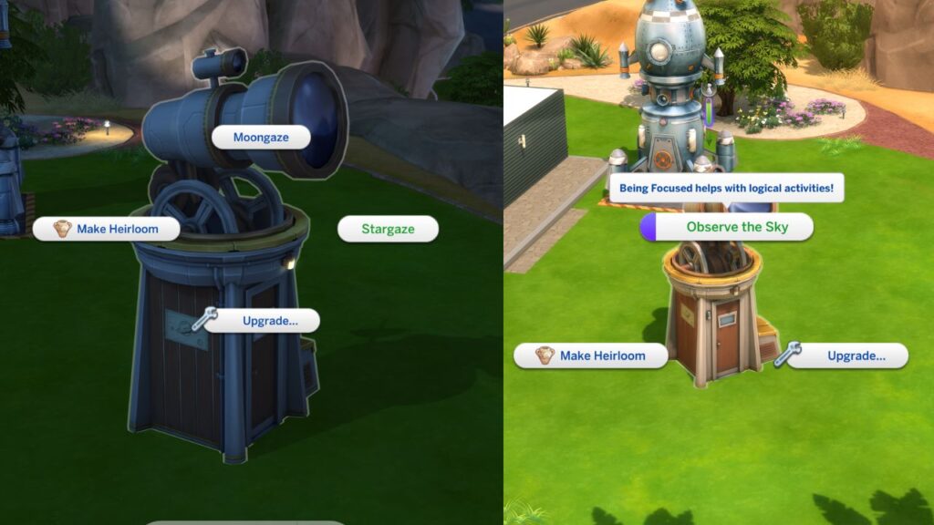 A screenshot from The Sims 4 showing the options to interact with a backyard observatory