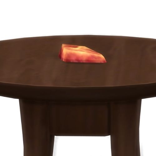 A screenshot from The Sims 4 showing a brown wooden table with Baconite on top