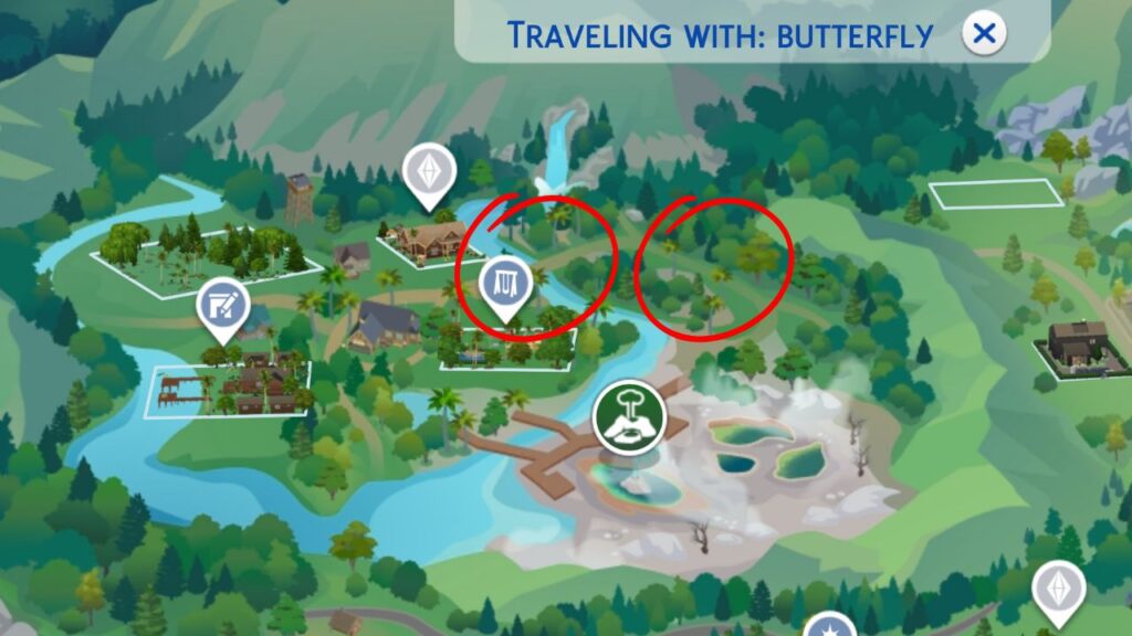 A screenshot from The Sims 4 showing the banded king shoemaker butterfly on a map
