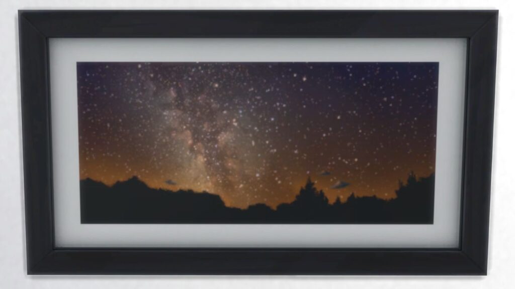 A screenshot from The Sims 4 showing a black frame with a print of the sky on a dark night