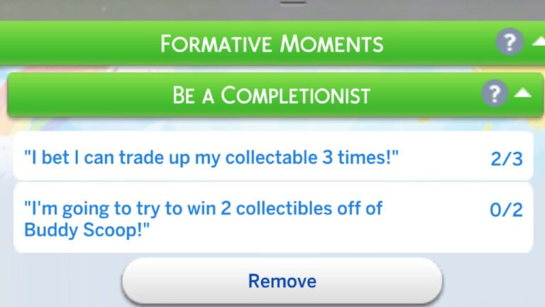 A screenshot from The Sims 4 showing the be a Completionist formative moment task list