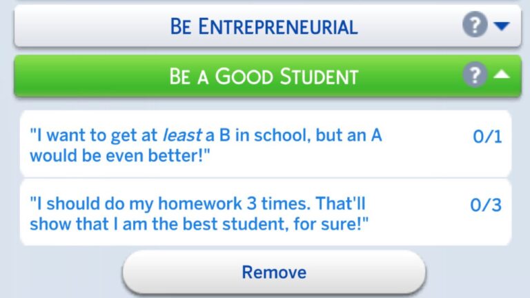 A screenshot from The Sims 4 showing the be a good student formative moment tasks