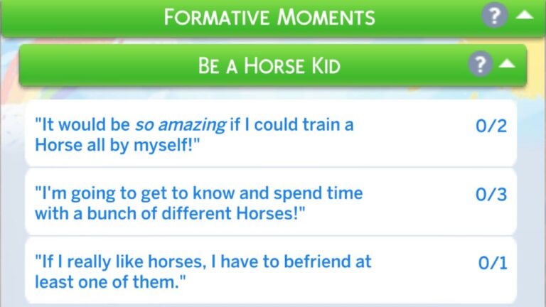 A screenshot from The Sims 4 showing the "be a horse kid" formative moment tasks