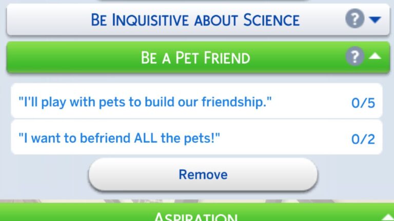 A screenshot from The Sims 4 showing the be a pet friend formative moment tasks