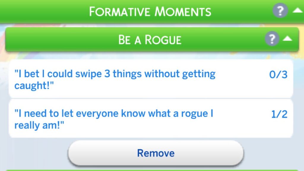 A screenshot from The Sims 4 showing the be a rogue formative moment tasks