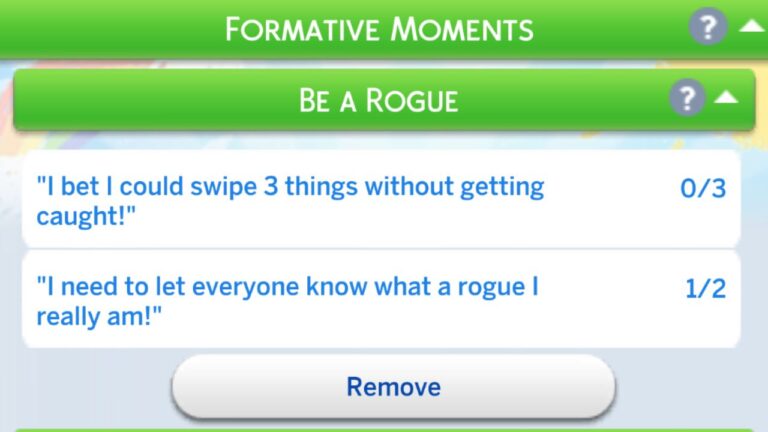A screenshot from The Sims 4 showing the be a rogue formative moment tasks