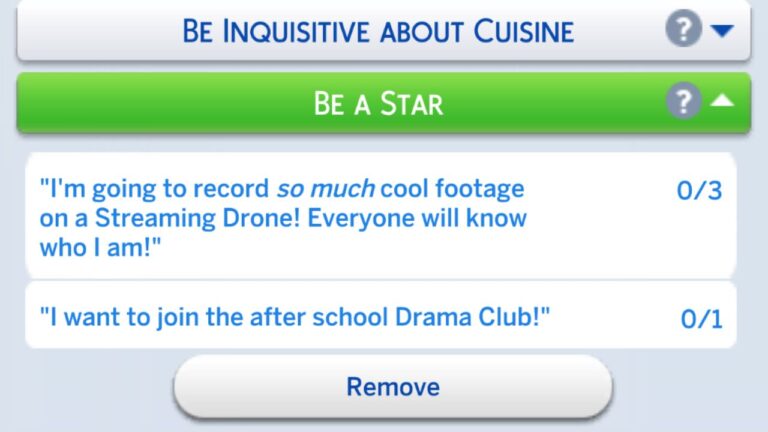 A screenshot from The Sims 4 showing the tasks for the be a star formative moment