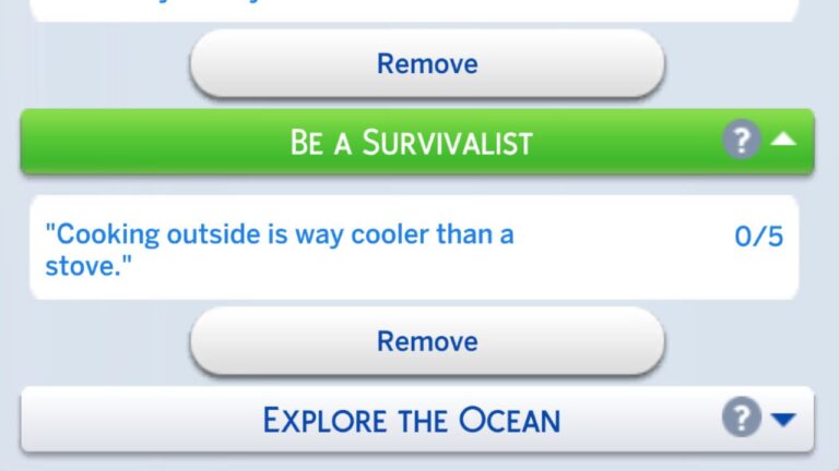 A screenshot from The Sims 4 showing the be a survivalist formative moment tasks