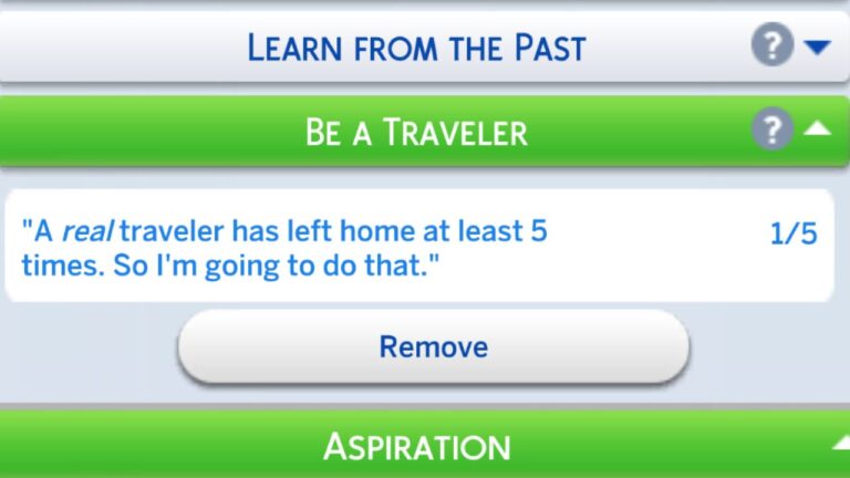A screenshot from The Sims 4 showing the task for be a traveler
