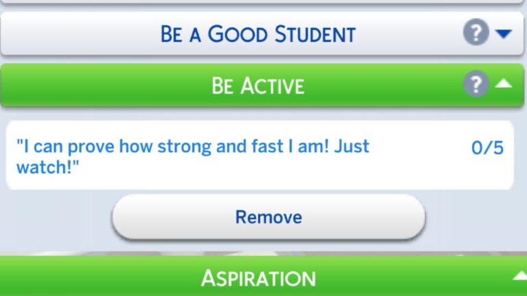 A screenshot from The Sims 4 showing the be active formative moment tasks