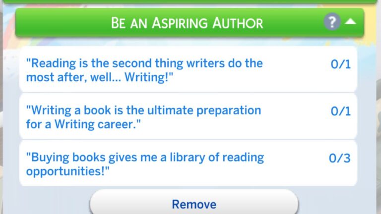 A screenshot from The Sims 4 showing the tasks for the be an aspiring author formative moment