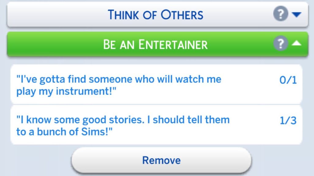 A screenshot from The Sims 4 showing the be an entertainer formative moment tasks