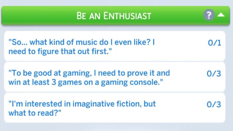 A screenshot from The Sims 4 showing the Be An Enthusiast formative moment