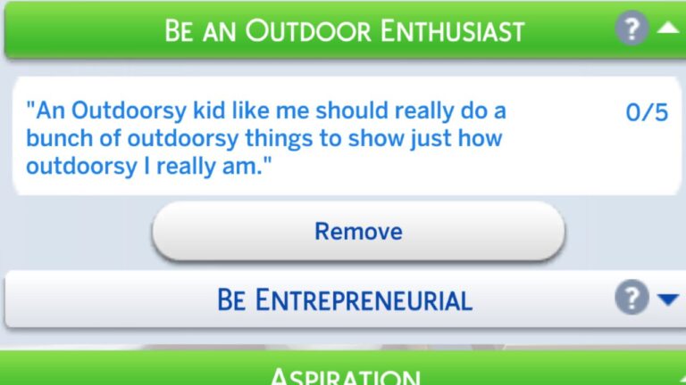 A screenshot from The Sims 4 showing the Be An Outdoor Enthusiast formative moment task