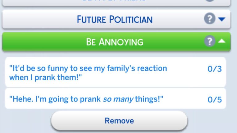 A screenshot from The Sims 4 showing the be annoying formative moment tasks