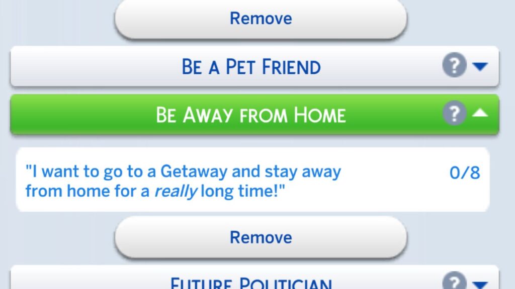 A screenshot from The Sims 4 showing the be away from home formative moment