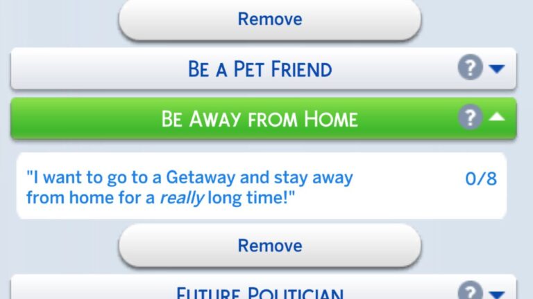 A screenshot from The Sims 4 showing the be away from home formative moment