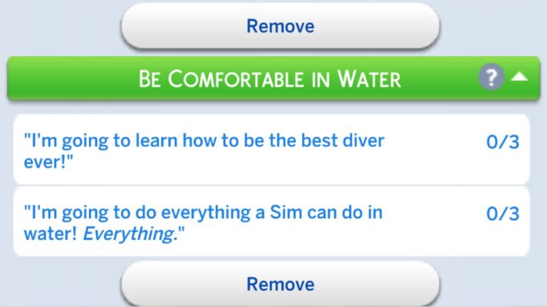 A screenshot from The Sims 4 showing the be comfortable in water formative moment tasks