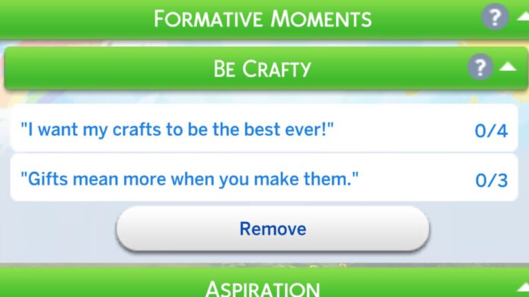 A screenshot from The Sims 4 showing the be craft formative moment tasks