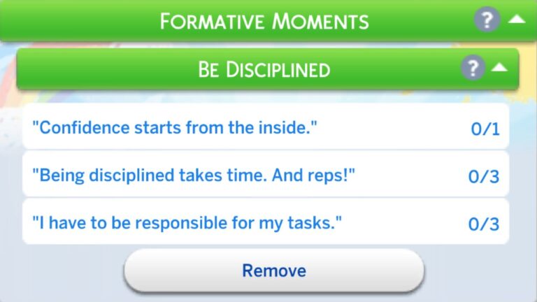A screenshot from The Sims 4 showing the tasks for the be disciplined formative moment