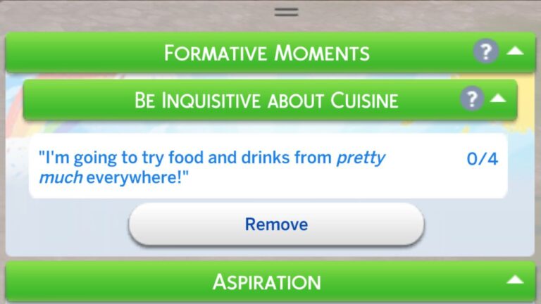 A screenshot from The Sims 4 showing the be inquisitive about cuisine formative moment task