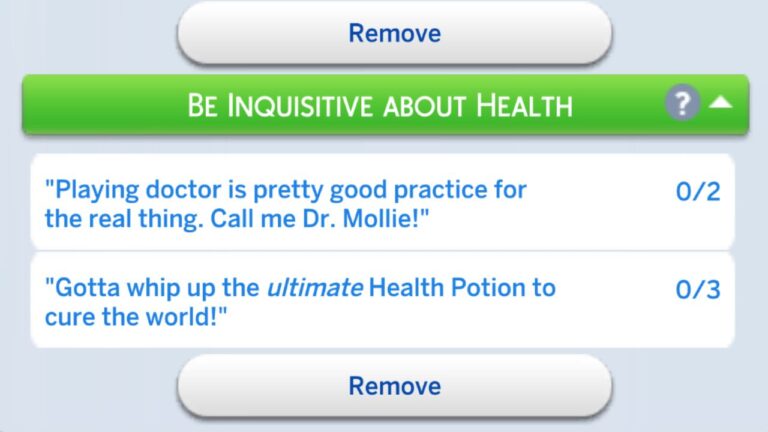 A screenshot from The Sims 4 showing the tasks for the be inquisitive about health formative moments