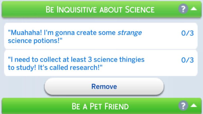 A screenshot from The Sims 4 showing the Be Inquisitive About Science formative moment