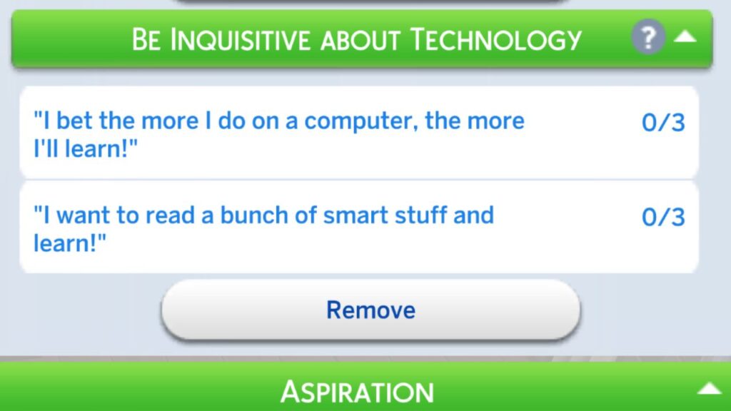 A screenshot from The Sims 4 showing the tasks for the be inquisitive about technology formative moment