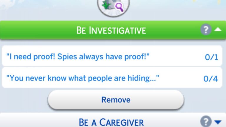 A screenshot from The Sims 4 showing the be investigative formative moment