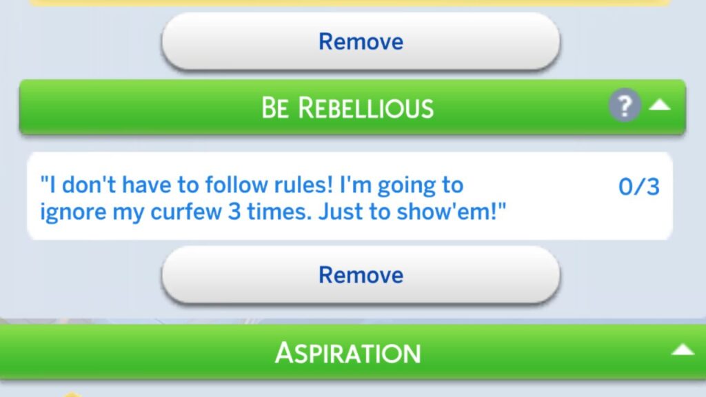 A screenshot from The Sims 4 showing the be rebellious formative moment task
