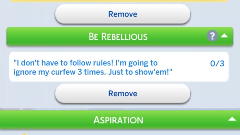 A screenshot from The Sims 4 showing the be rebellious formative moment task