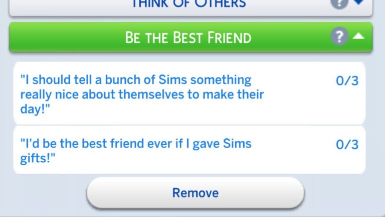 A screenshot from The Sims 4 showing the Be The Best Friend formative moment's tasks