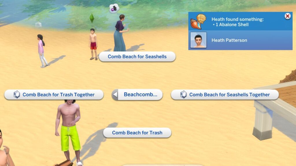 A screenshot from The Sims 4 showing how to beachcomb on sand