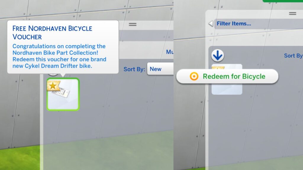 A screenshot from The Sims 4 showing a Free Nordhaven Bicycle Voucher in a sim's inventory and how to redeem it