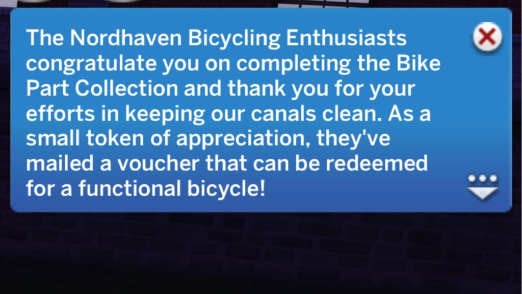 A screenshot from The Sims 4 showing the notification you get when you finish the bike parts collection