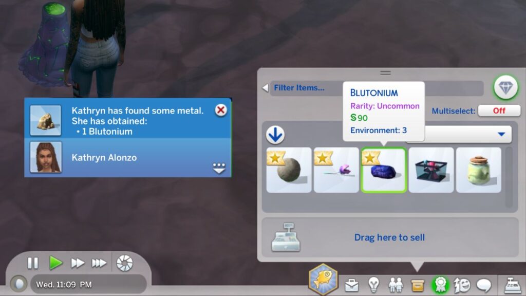 A screenshot from The Sims 4 showing that a sim found Blutonium and a Blutonium in a sim's inventory