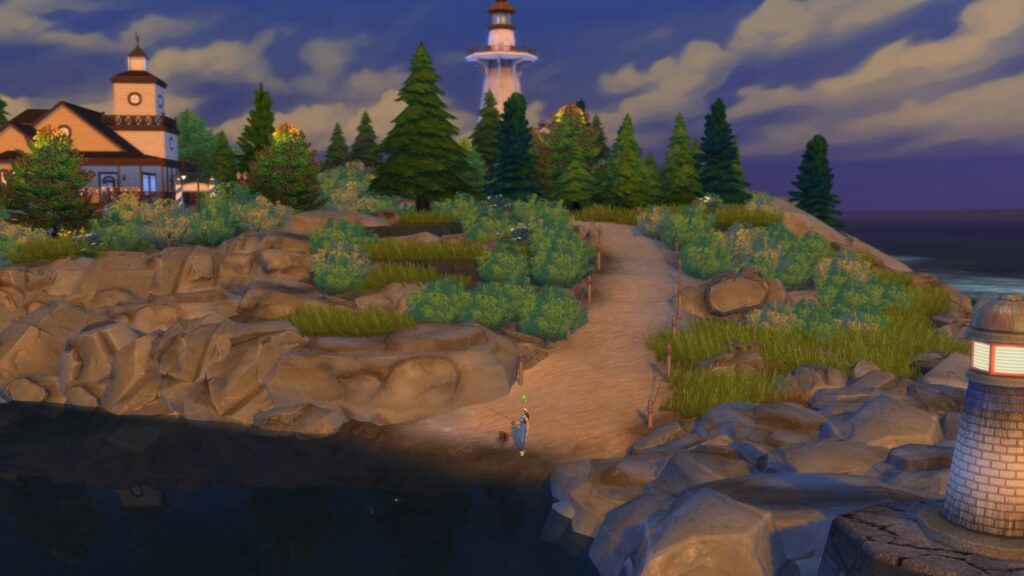 A screenshot from The Sims 4 showing a fishing spot in Brindleton Bay that's located down a hill from the lighthouses